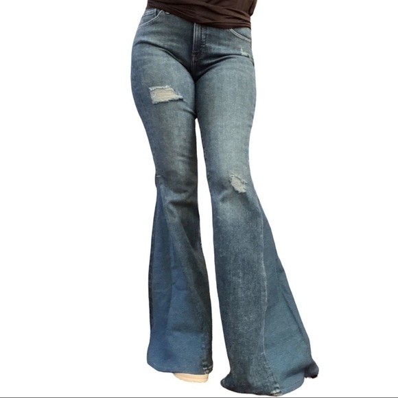 Reworked Bell Bottom High Rise Wide Leg Flare Stretch Distressed Jeans TALL - Picture 1 of 8
